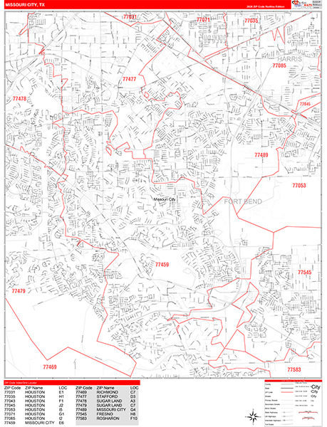 Missouri City Zip Code Wall Map